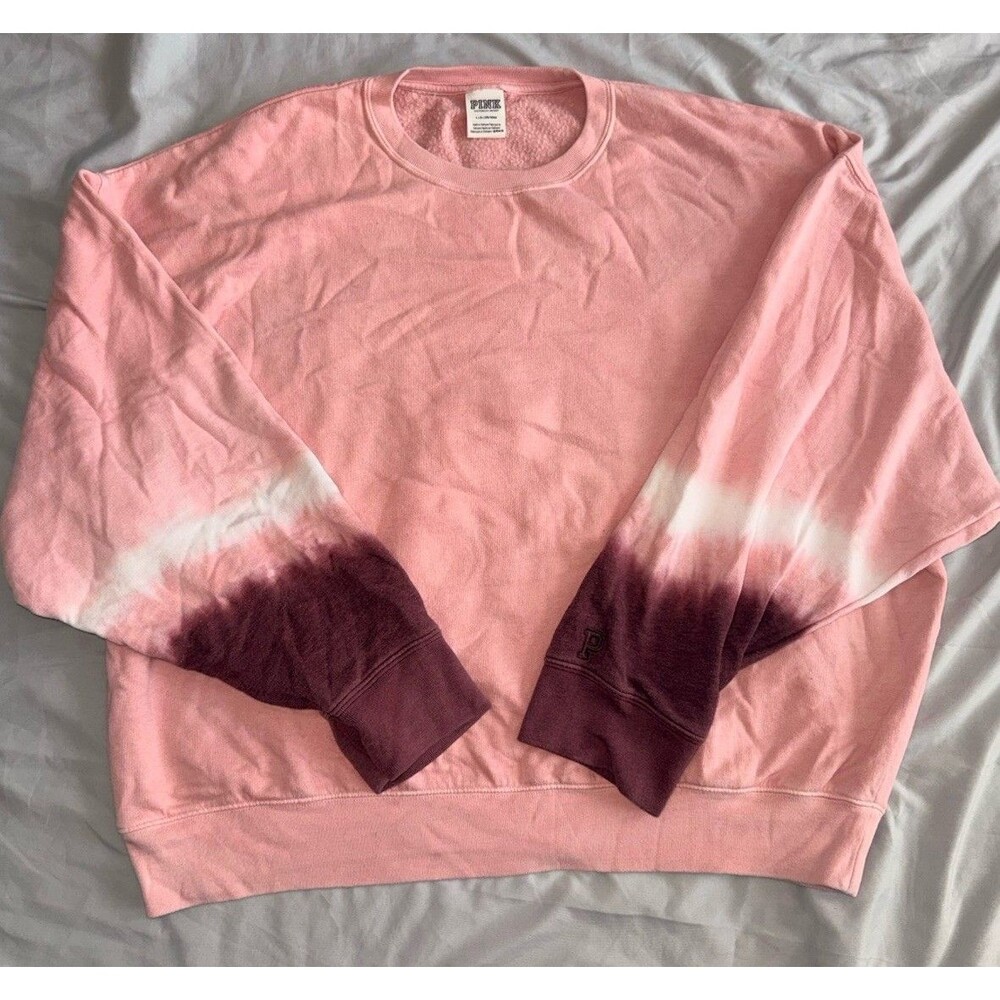 PINK Victorias Secret Pink Tie Die Ombre Embroidered Logo Fleece Crew Sweatshirt